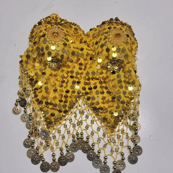 Yellow Sequin Halter Crop Top Silver Sequin Backless Belly Dancing Tops NEW - Picture 3 of 12